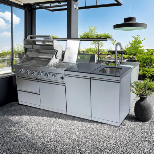 85" 4-Burner 72,000 BTU Silver Outdoor Kitchen Island Grill + Side Burner + Storage Cabinets & Drawers