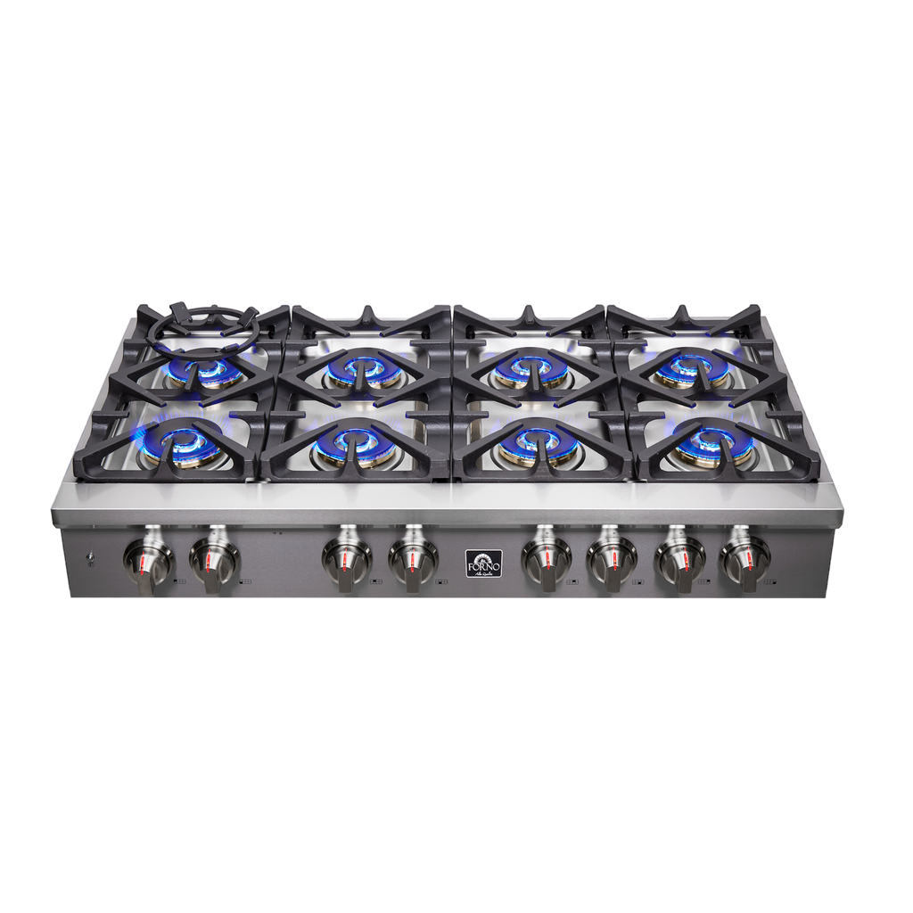 Forno Spezia Alta Qualita 48-Inch Pro-Style Gas Rangetop, Stainless Steel, 8 Sealed Burners, Continuous Cast Iron Grates, High Heat Output