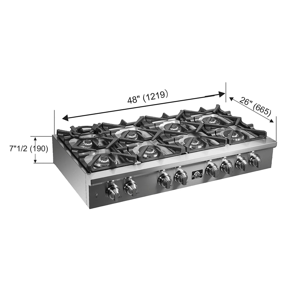 Forno Spezia Alta Qualita 48-Inch Pro-Style Gas Rangetop, Stainless Steel, 8 Sealed Burners, Continuous Cast Iron Grates, High Heat Output