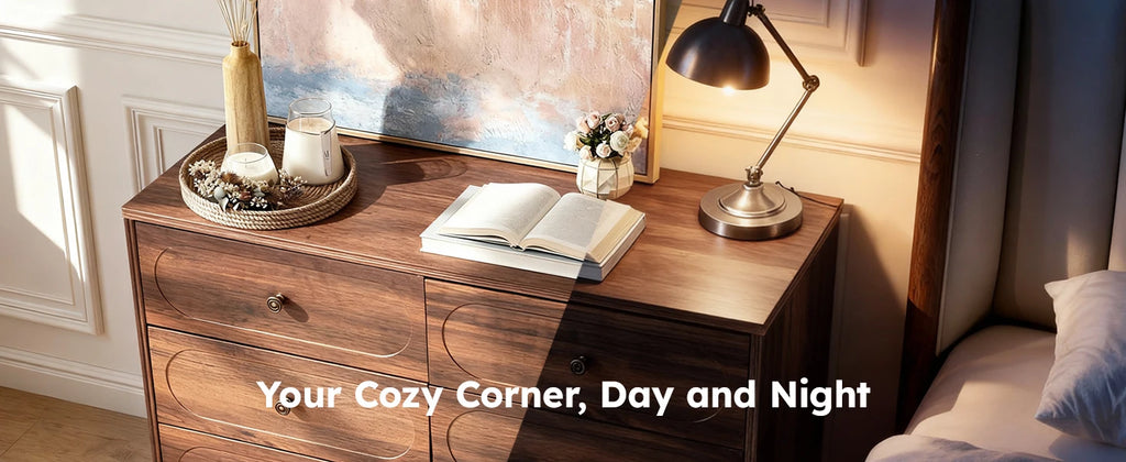Stylish Mid-Century Modern 6-Drawer Dresser – 47” Wide Dark Walnut Wood Chest with Solid Legs, Elegant Storage for Bedroom & Living Room