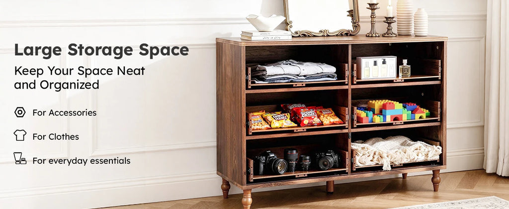 Stylish Mid-Century Modern 6-Drawer Dresser – 47” Wide Dark Walnut Wood Chest with Solid Legs, Elegant Storage for Bedroom & Living Room