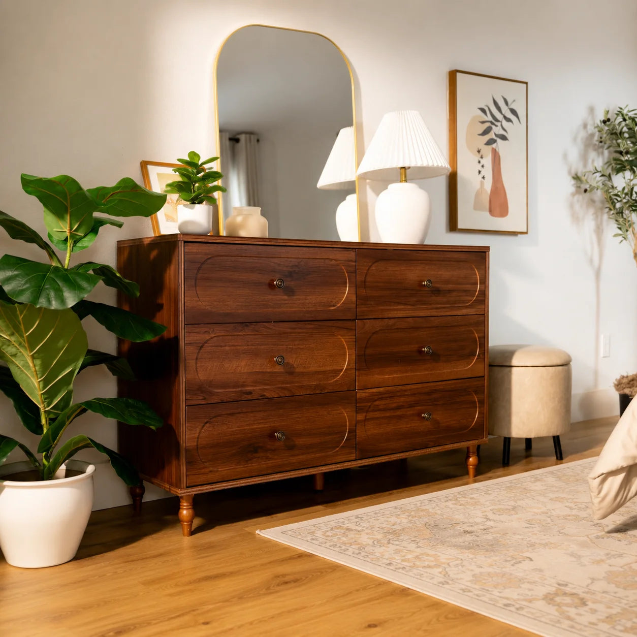 Stylish Mid-Century Modern 6-Drawer Dresser – 47” Wide Dark Walnut Wood Chest with Solid Legs, Elegant Storage for Bedroom & Living Room