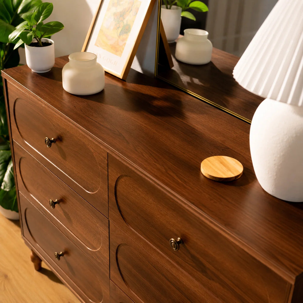 Stylish Mid-Century Modern 6-Drawer Dresser – 47” Wide Dark Walnut Wood Chest with Solid Legs, Elegant Storage for Bedroom & Living Room