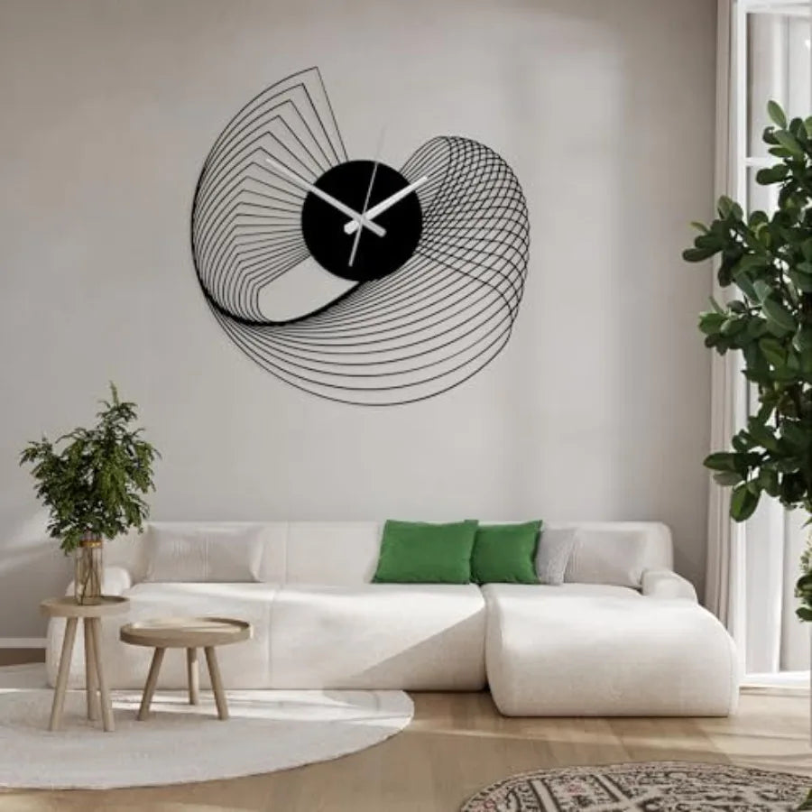 Large Metal Wall Clock for Living Room, Office Contemporary Home Decor Modern Kinetic Sculpture in Silver, Silent Geometric Des
