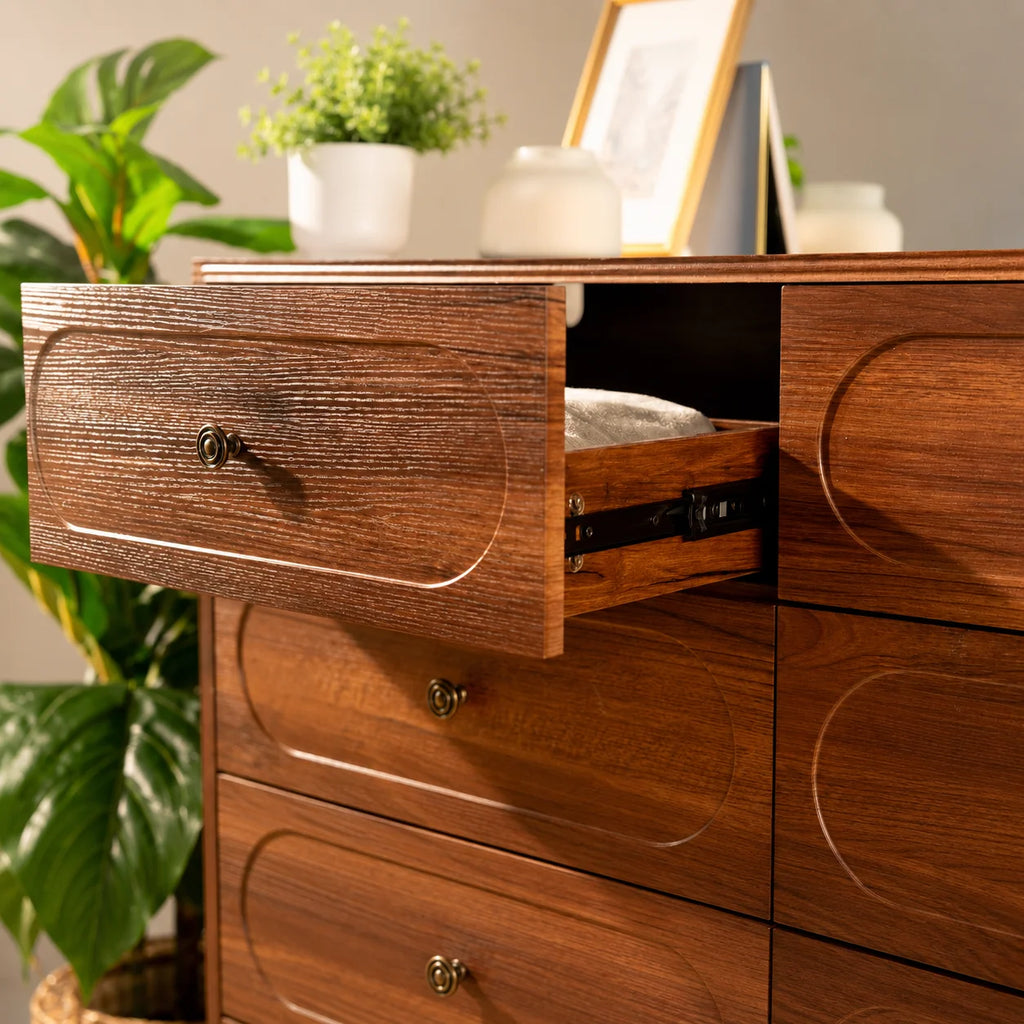 Stylish Mid-Century Modern 6-Drawer Dresser – 47” Wide Dark Walnut Wood Chest with Solid Legs, Elegant Storage for Bedroom & Living Room