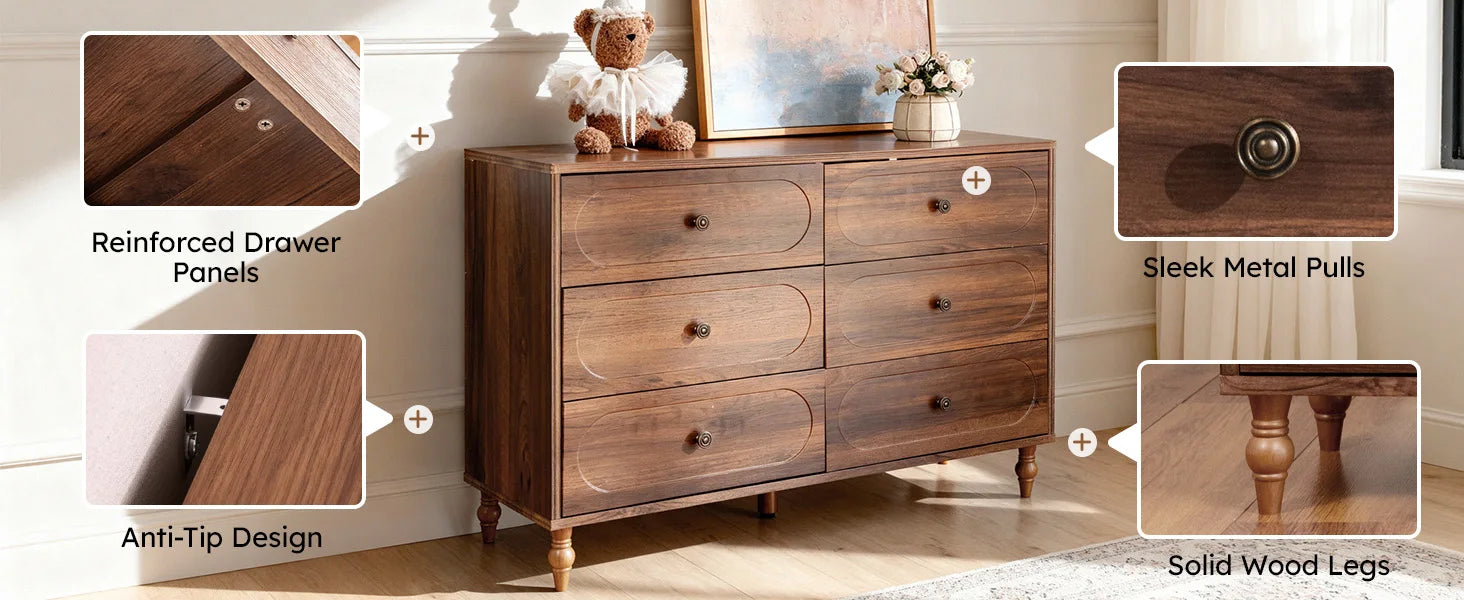 Stylish Mid-Century Modern 6-Drawer Dresser – 47” Wide Dark Walnut Wood Chest with Solid Legs, Elegant Storage for Bedroom & Living Room
