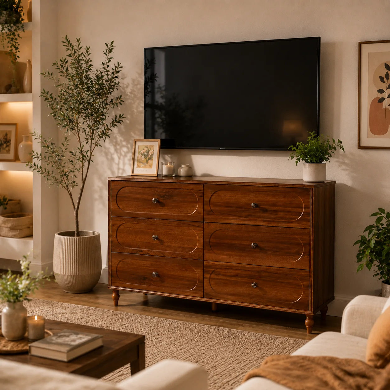 Stylish Mid-Century Modern 6-Drawer Dresser – 47” Wide Dark Walnut Wood Chest with Solid Legs, Elegant Storage for Bedroom & Living Room