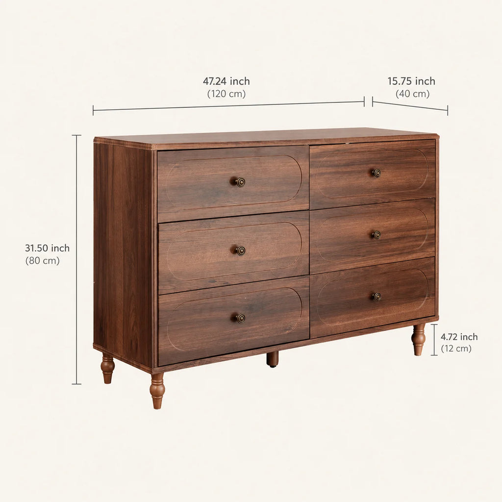 Stylish Mid-Century Modern 6-Drawer Dresser – 47” Wide Dark Walnut Wood Chest with Solid Legs, Elegant Storage for Bedroom & Living Room