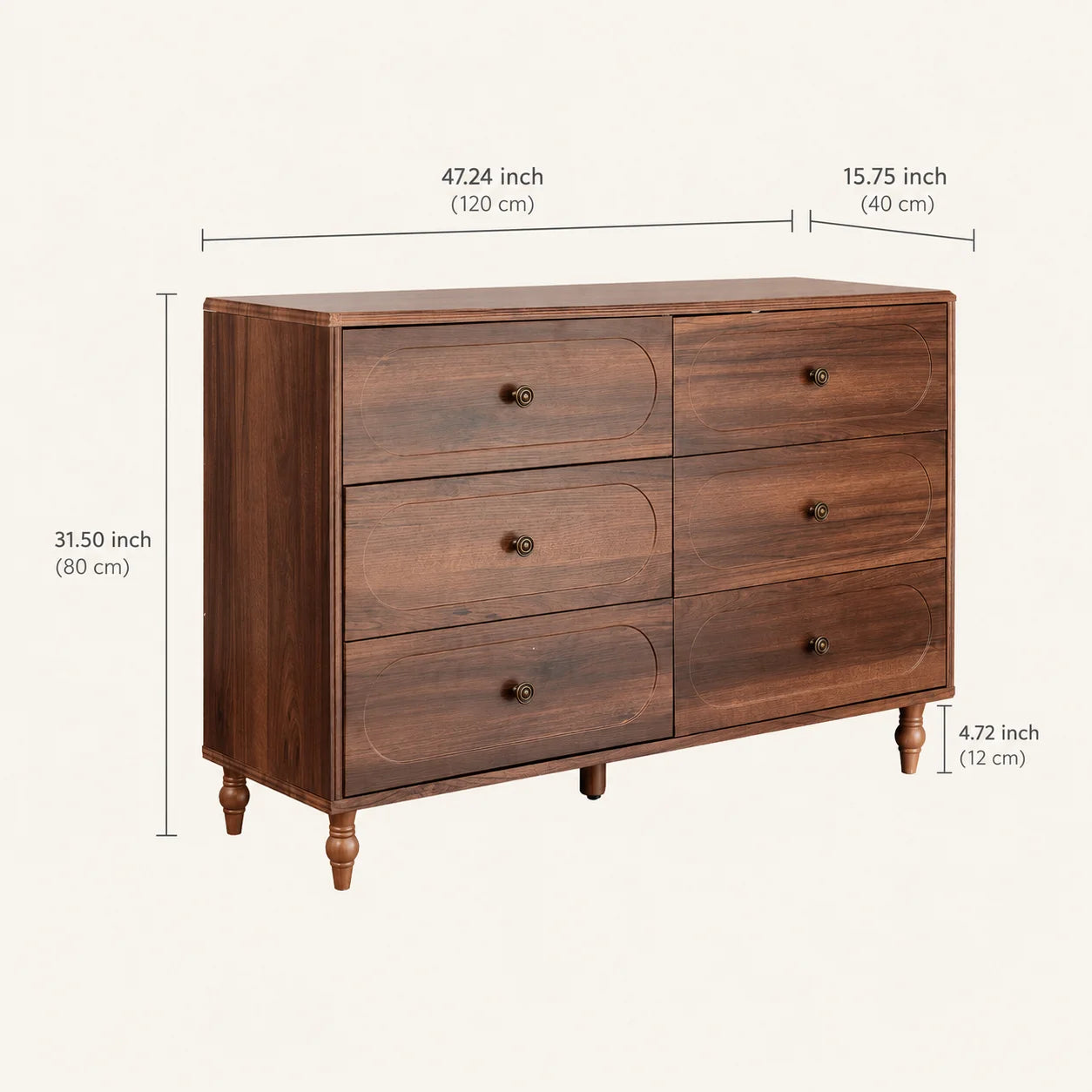 Stylish Mid-Century Modern 6-Drawer Dresser – 47” Wide Dark Walnut Wood Chest with Solid Legs, Elegant Storage for Bedroom & Living Room