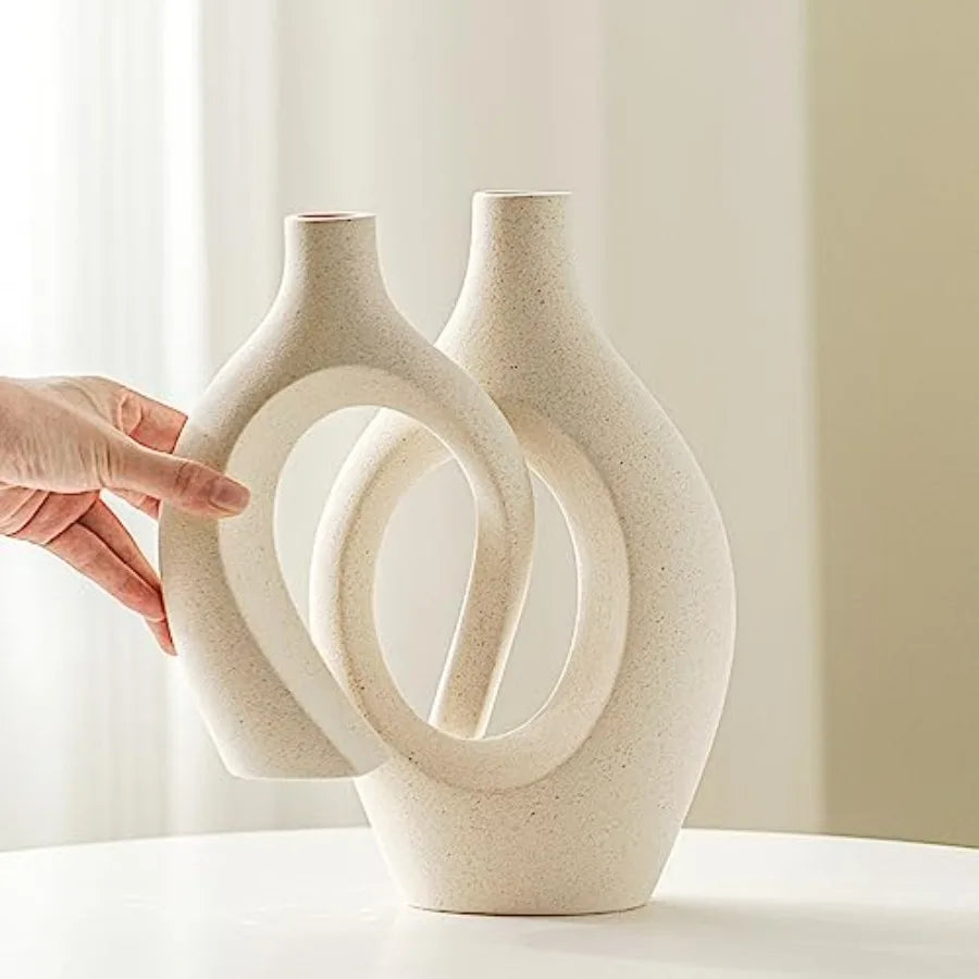 Snuggle Hollow Ceramic Vase Set of 2, Boho Inch Style Round Nordic Mid Century Modern Aesthetic Decorative Vase for Home Decor