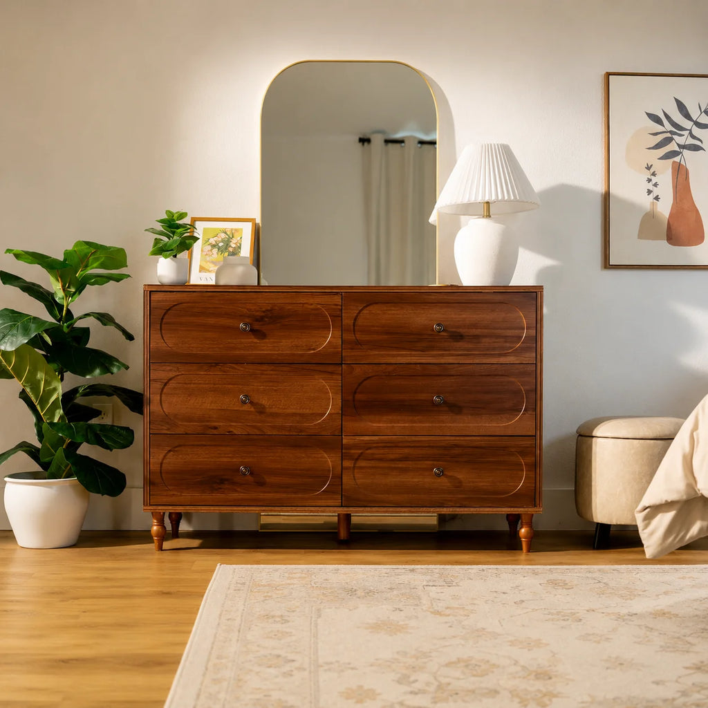 Stylish Mid-Century Modern 6-Drawer Dresser – 47” Wide Dark Walnut Wood Chest with Solid Legs, Elegant Storage for Bedroom & Living Room