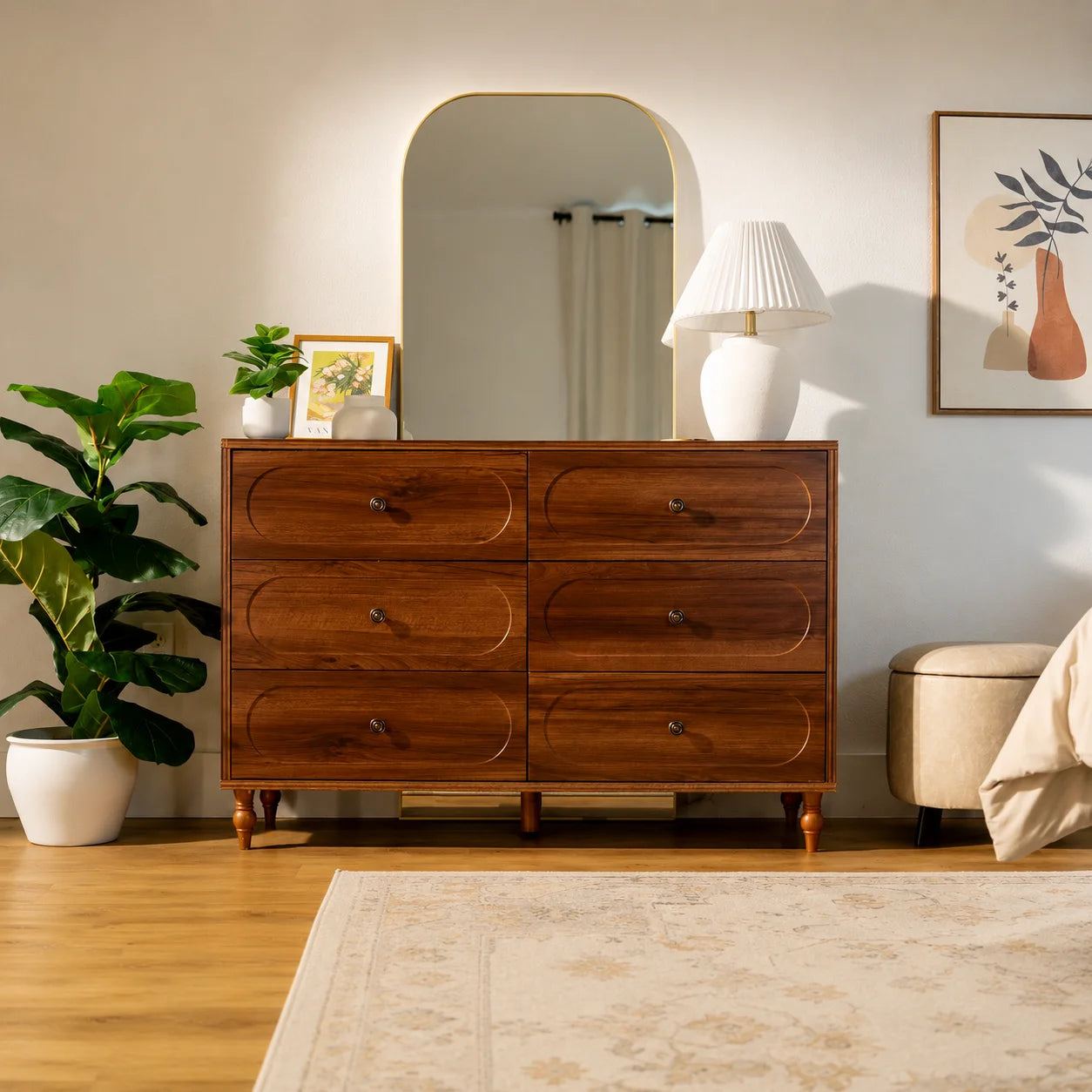 Stylish Mid-Century Modern 6-Drawer Dresser – 47” Wide Dark Walnut Wood Chest with Solid Legs, Elegant Storage for Bedroom & Living Room