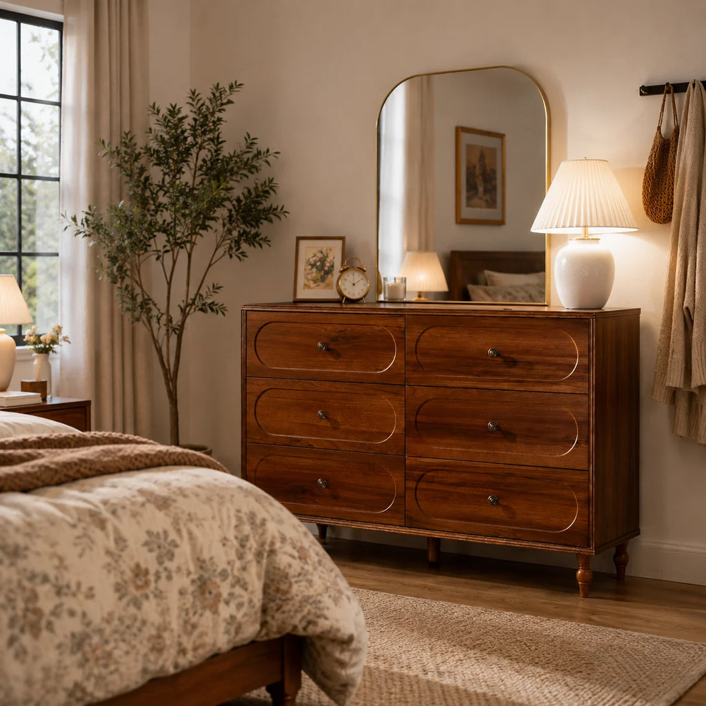 Stylish Mid-Century Modern 6-Drawer Dresser – 47” Wide Dark Walnut Wood Chest with Solid Legs, Elegant Storage for Bedroom & Living Room