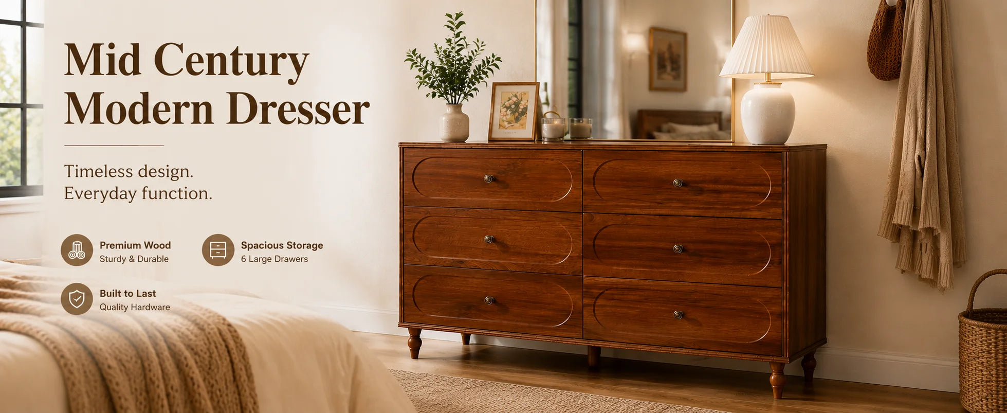 Stylish Mid-Century Modern 6-Drawer Dresser – 47” Wide Dark Walnut Wood Chest with Solid Legs, Elegant Storage for Bedroom & Living Room
